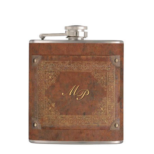 イニシャルとの旧式なレザールック フラスク (正面)