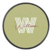 イニシャルとスクリプトモノグラムの誕生日オリーブ アイスホッケーパック (正面)