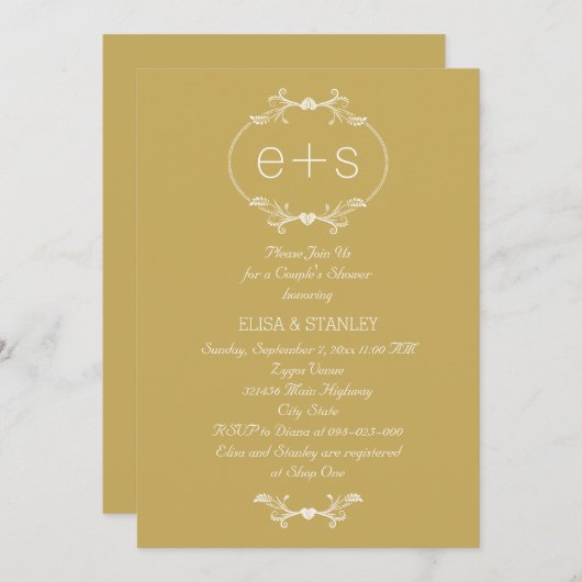 イニシャルとフレーム結婚金ゴールドのカップルのシャワー 招待状 (正面/裏面)