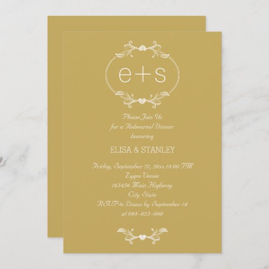 イニシャルとフレーム金ゴールド結婚のリハーサル 招待状 (正面/裏面)