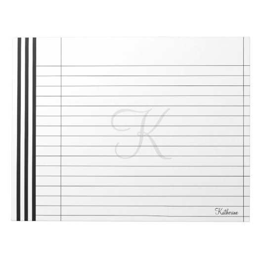 イニシャルと名前ブラック/ホワイトのシンプルストライプパターン ノートパッド (正面)