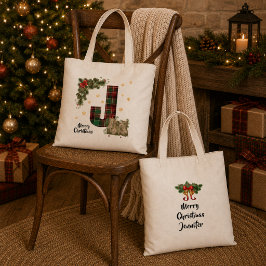 イニシャルと名前入りタータンチェックのクリスマスパーソナルギフト トートバッグ