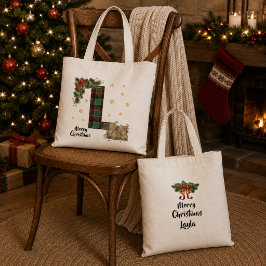 イニシャルと名前入りタータンチェックのクリスマス トートバッグ