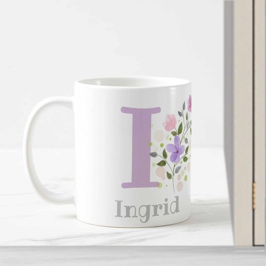 イニシャルと名前入り フラワー Ingrid コーヒーマグカップ