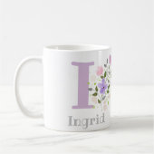 イニシャルと名前入り フラワー Ingrid コーヒーマグカップ (左)