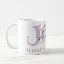 イニシャルと名前 Jennifer フラワーモチーフ コーヒーマグカップ
