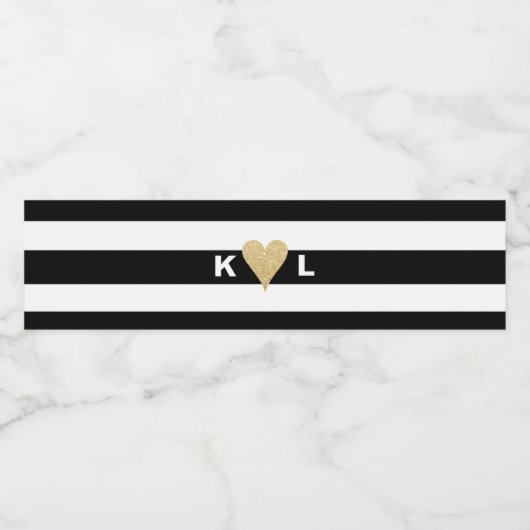イニシャルと金ゴールドのハートストライプが黒結婚い ペットボトルラベル (シングルラベル)