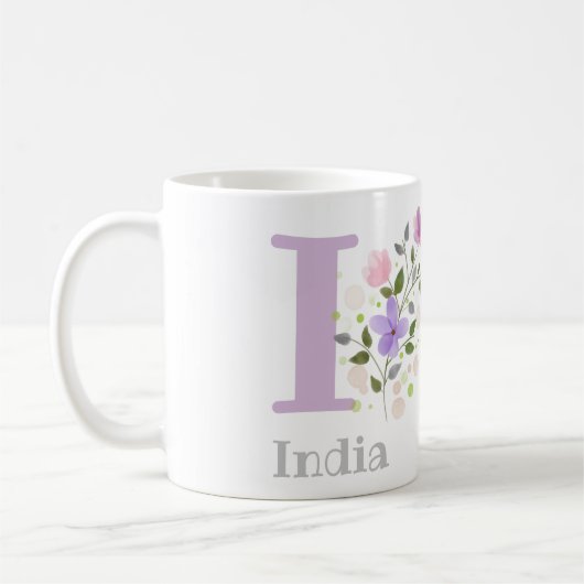 イニシャルとIndiaの名前フラワーデザイン コーヒーマグカップ (左)