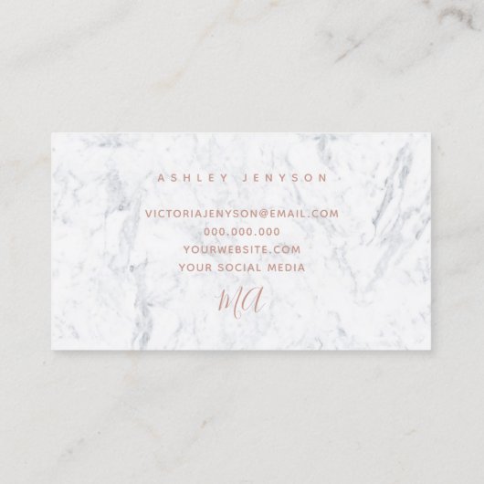 イニシャルの上品のばら色の金ゴールドの原稿のシンプルで白い大理石 名刺 (裏面)