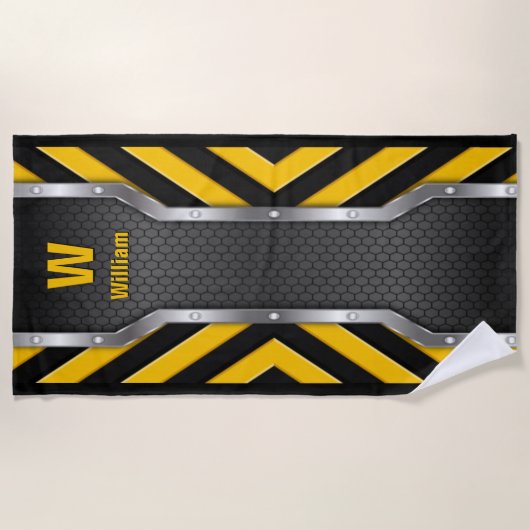 イニシャルの変更、名前の追加、セーフティ黄色の黒 ビーチタオル (正面)