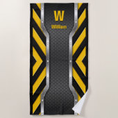 イニシャルの変更、名前の追加、セーフティ黄色の黒 ビーチタオル (正面)