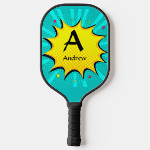 イニシャルの変更、名前の追加、ポップ・アートのArt Aqua Blue Yellow ピックルボールラケット