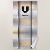 イニシャルの変更、名前の追加、銀の金属帯 ビーチタオル (正面)