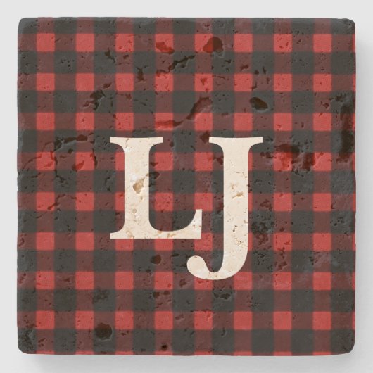 イニシャルの樵の赤い黒いバッファローの格子縞 ストーンコースター (正面)