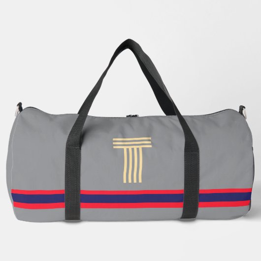 イニシャルの赤い灰色でパーソナライストライプズ ダッフルバッグ (正面)