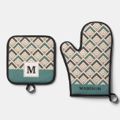 イニシャルの追加 |ティール（緑がかった色）幾何学的パターン 鍋つかみ&鍋敷きセット (正面)