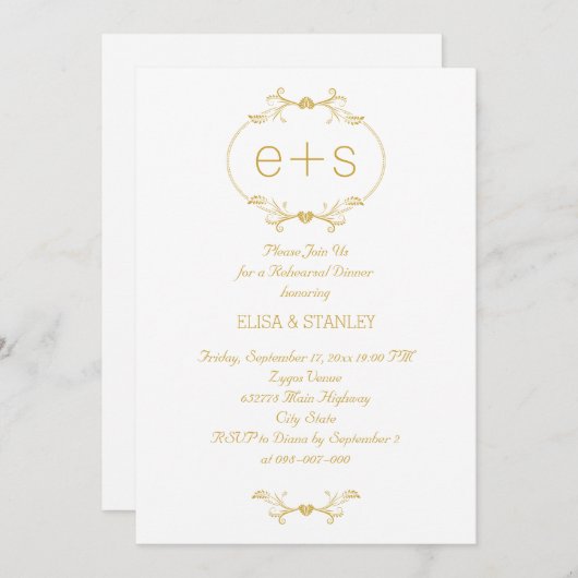 イニシャルは金ゴールドフレームのリハ結婚ーサルのディナー 招待状 (正面/裏面)