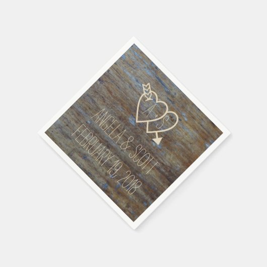 イニシャルウッド素朴ハート結婚付き スタンダードカクテルナプキン (角)