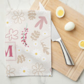 イニシャルエレガントフローラパステルモノグラムピンクモダン色 キッチンタオル (四つ折り)