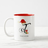 イニシャルエレガント名モダン文字Tクリスマス ツートーンマグカップ (左)