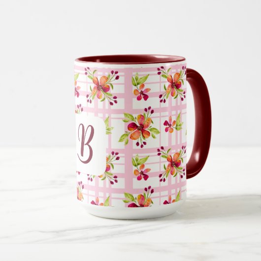 イニシャルオンパーソナライズされたレッドベリー開花プレイドマグ マグカップ (正面右)
