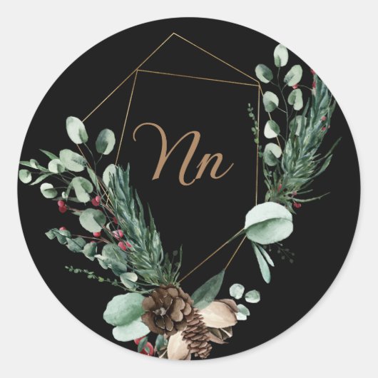 イニシャルカスタマイズ可能ゴールドフレーム 緑の枝 ラウンドシール (正面)