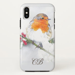 イニシャルカスタムイングリッシュロビンバードウィンターベリー iPhone X ケース