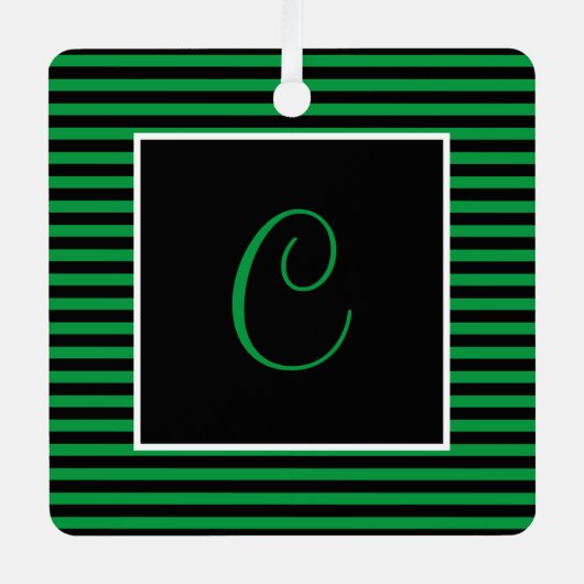 イニシャルカスタムグリーンアンドブラックストライプの メタルオーナメント (正面)