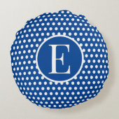 イニシャルカスタムレター水玉模様ネイビーブルー ラウンドクッション (裏面)