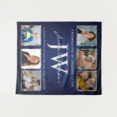 イニシャルカスタム誕生日バナーブルーシルバー タペストリー (正面(横))