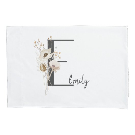 イニシャルカスタムDブラック&ホワイトワイルドフラワー 枕カバー (正面)