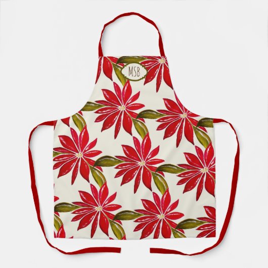 イニシャルクラシックポインセティアクリスマスレッドグリーン エプロン (正面)