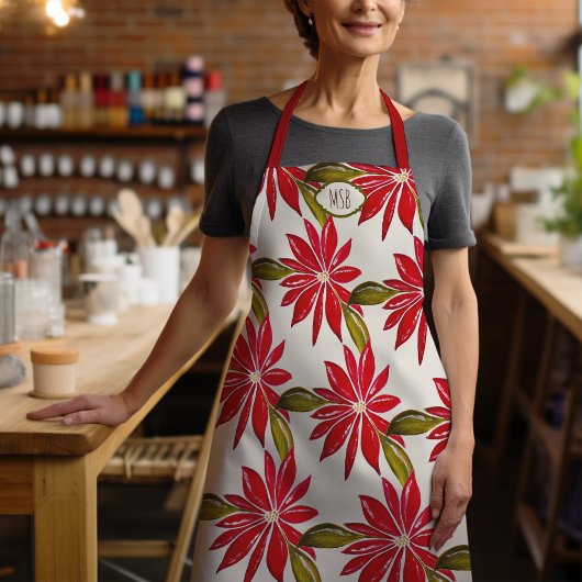イニシャルクラシックポインセティアクリスマスレッドグリーン エプロン