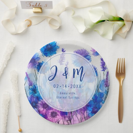 💍イニシャルコーンフラワーとラベンダーエレガンス付き ペーパープレート (ウェディング)