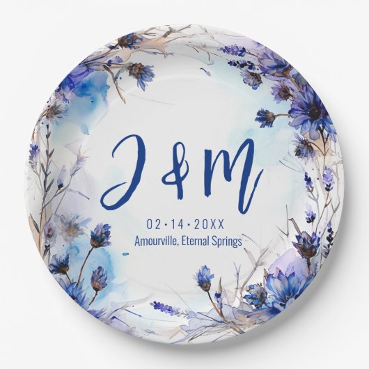 💍イニシャルコーンフラワーとラベンダーエレガンス ペーパープレート (正面)