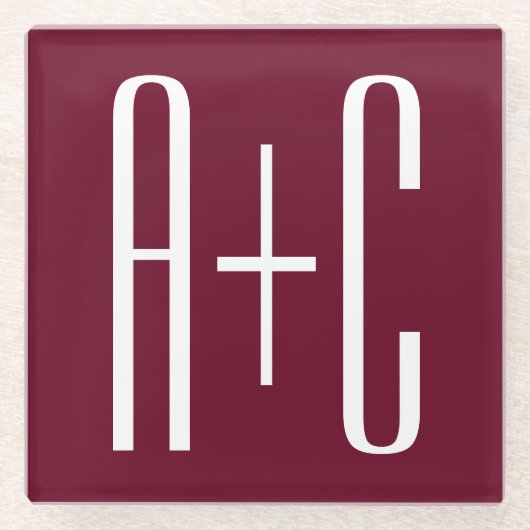 イニシャルシンプルカップル |ホワイト&ブルゴーニュ ガラスコースター (正面)