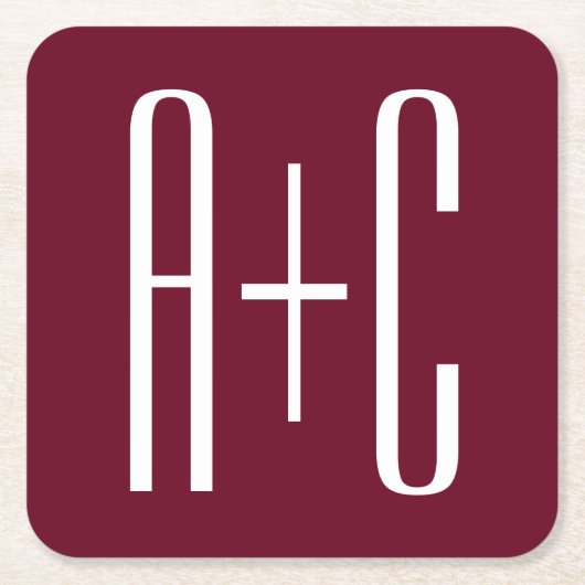イニシャルシンプルカップル |ホワイト&ブルゴーニュ スクエアペーパーコースター (正面)