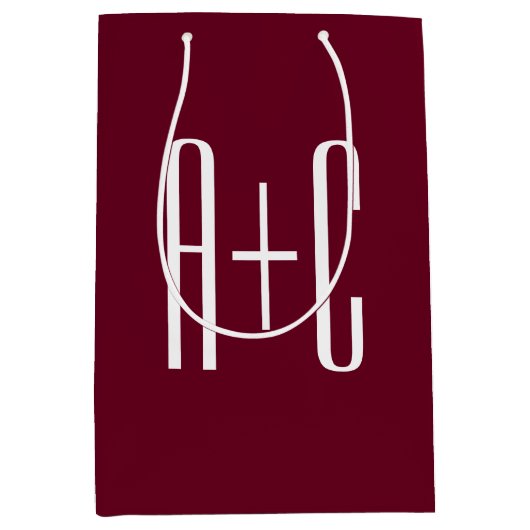 イニシャルシンプルカップル |ホワイト&ブルゴーニュ ミディアムペーパーバッグ (正面)