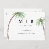 イニシャルシンプルトロピカルウェディング日付を保存 案内ポストカード (正面/裏面)