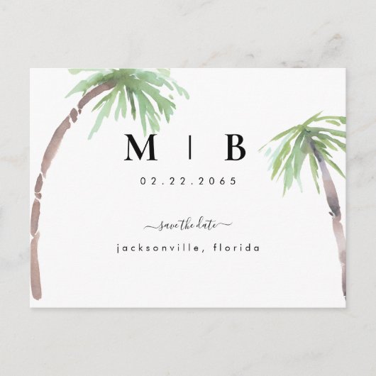 イニシャルシンプルトロピカルウェディング日付を保存 案内ポストカード (正面)