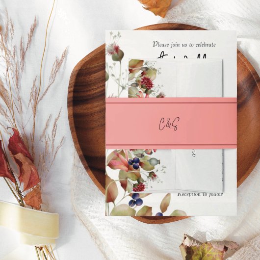 イニシャルシンプルピンク 招待状ベリーバンド