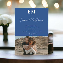 イニシャルシンプルブルー2枚の結婚写真qr 招待状