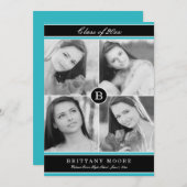 イニシャルスタイリッシュの卒業招待状-ターコイズ 招待状 (正面/裏面)