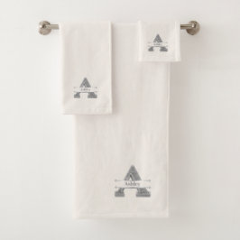 イニシャルパーソナライズされたシルバーモノグラムあなたの名前 バスタオルセット