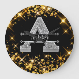 イニシャルパーソナライズされたシルバーモノグラムあなたの名前 ラージ壁時計