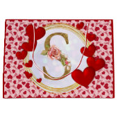 イニシャルパーソナライズされたフローラモノグラム及び赤いハート ラージペーパーバッグ (正面)