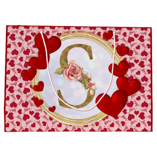 イニシャルパーソナライズされたフローラモノグラム及び赤いハート ラージペーパーバッグ (裏面)