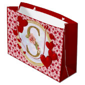 イニシャルパーソナライズされたフローラモノグラム及び赤いハート ラージペーパーバッグ (裏面アングル)