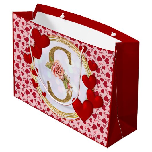 イニシャルパーソナライズされたフローラモノグラム及び赤いハート ラージペーパーバッグ (裏面アングル)