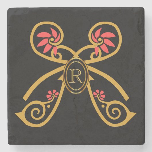イニシャルパーソナライズされた金ゴールドバタフライモノグラム ストーンコースター (正面)